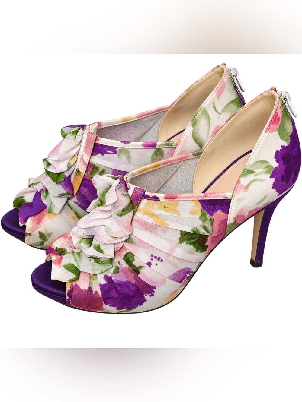 Jacqueline Ferrar Floral Ruffle Peep-Toe Women's Heels - Purple/Pink size 8 1/2